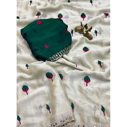 Women's Georgette Embellished Saree With Unstitched Blouse 5.5 Mtr�(Cream-Green)