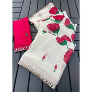 Women's Georgette Embellished Saree With Unstitched Blouse 5.5 Mtr�(Cream-Red)