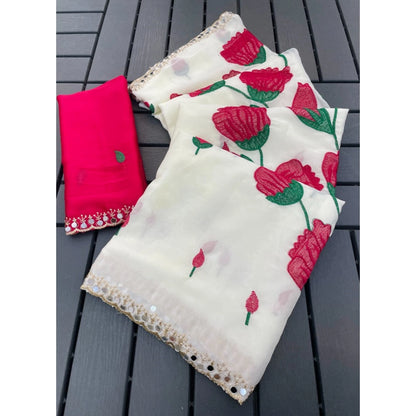 Women's Georgette Embellished Saree With Unstitched Blouse 5.5 Mtr�(Cream-Red)