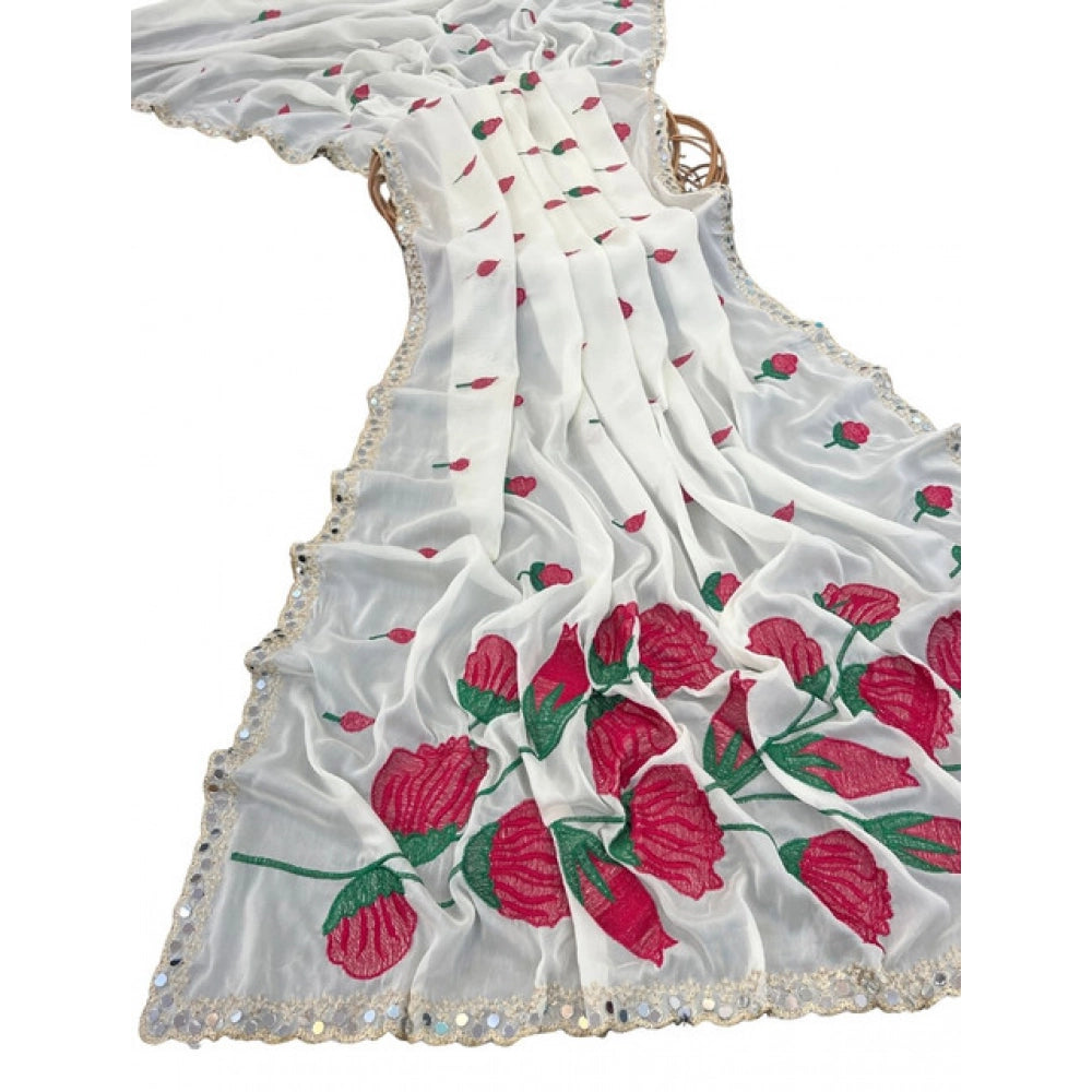 Women's Georgette Embellished Saree With Unstitched Blouse 5.5 Mtr�(Cream-Red)