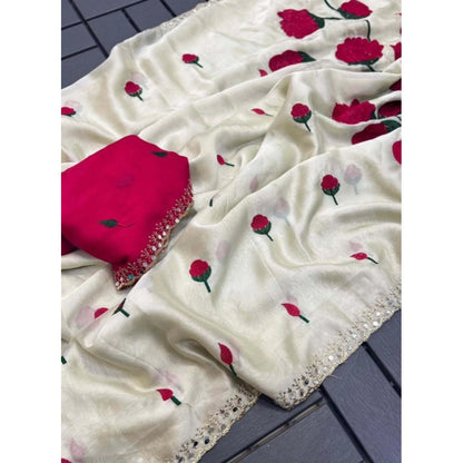 Women's Georgette Embellished Saree With Unstitched Blouse 5.5 Mtr�(Cream-Red)