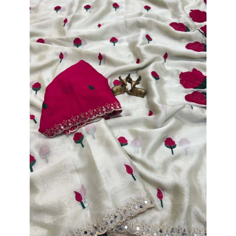 Women's Georgette Embellished Saree With Unstitched Blouse 5.5 Mtr�(Cream-Red)