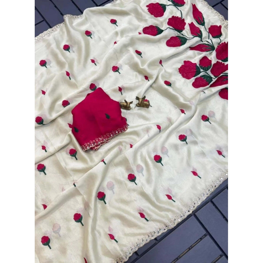 Women's Georgette Embellished Saree With Unstitched Blouse 5.5 Mtr�(Cream-Red)