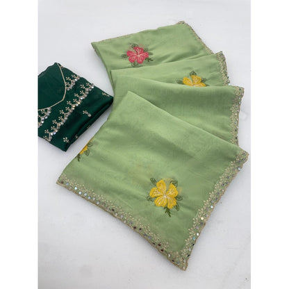 Women's Georgette Embellished Saree With Unstitched Blouse 5.5 Mtr�(Light Green)