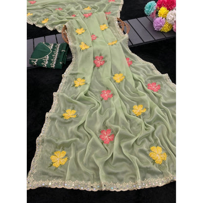 Women's Georgette Embellished Saree With Unstitched Blouse 5.5 Mtr�(Light Green)
