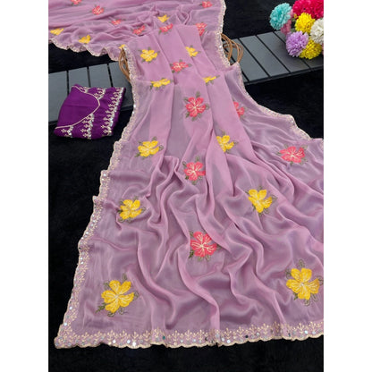 Women's Georgette Embellished Saree With Unstitched Blouse 5.5 Mtr�(Lavender)