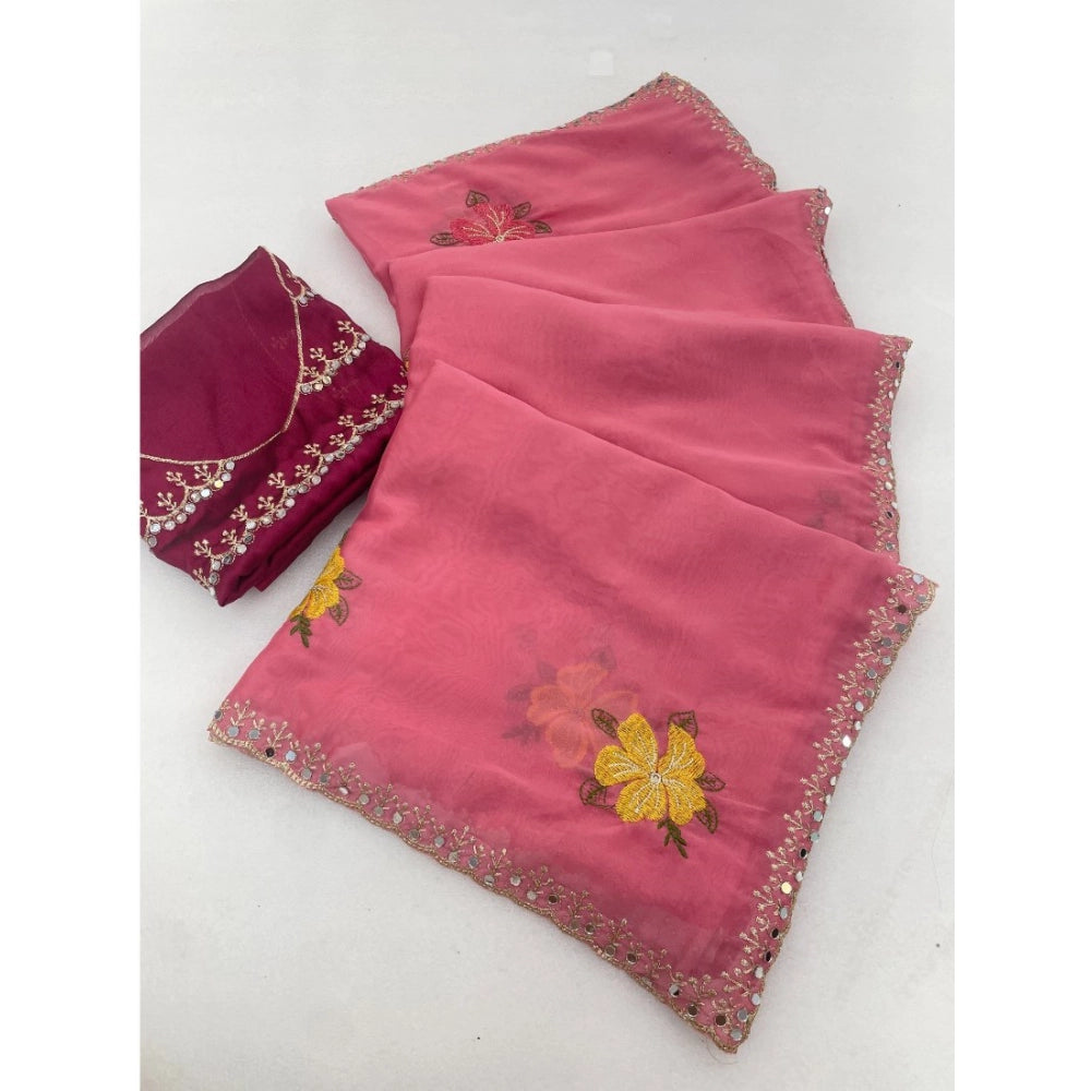 Women's Georgette Embellished Saree With Unstitched Blouse 5.5 Mtr�(Pink)