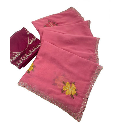 Women's Georgette Embellished Saree With Unstitched Blouse 5.5 Mtr�(Pink)