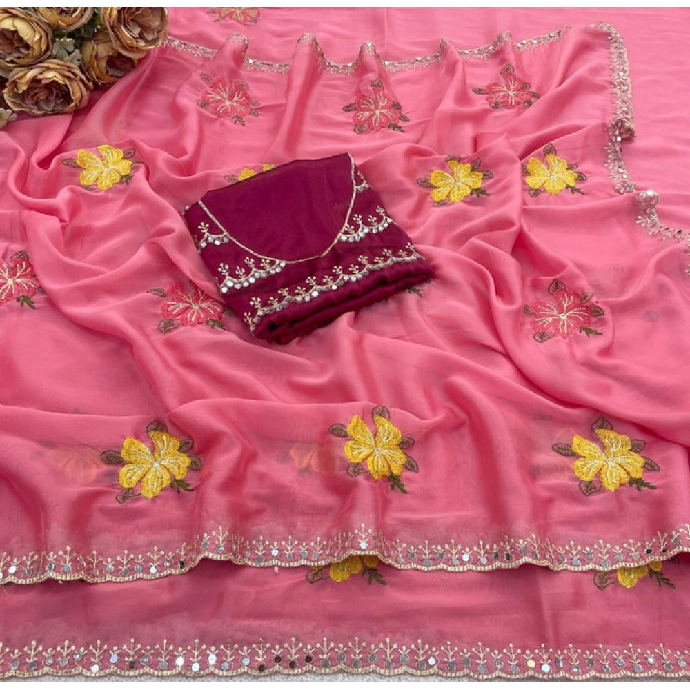 Women's Georgette Embellished Saree With Unstitched Blouse 5.5 Mtr�(Pink)
