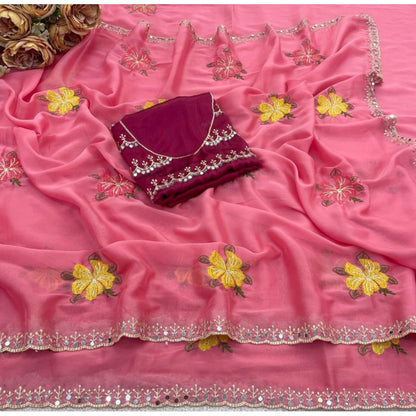 Women's Georgette Embellished Saree With Unstitched Blouse 5.5 Mtr�(Pink)