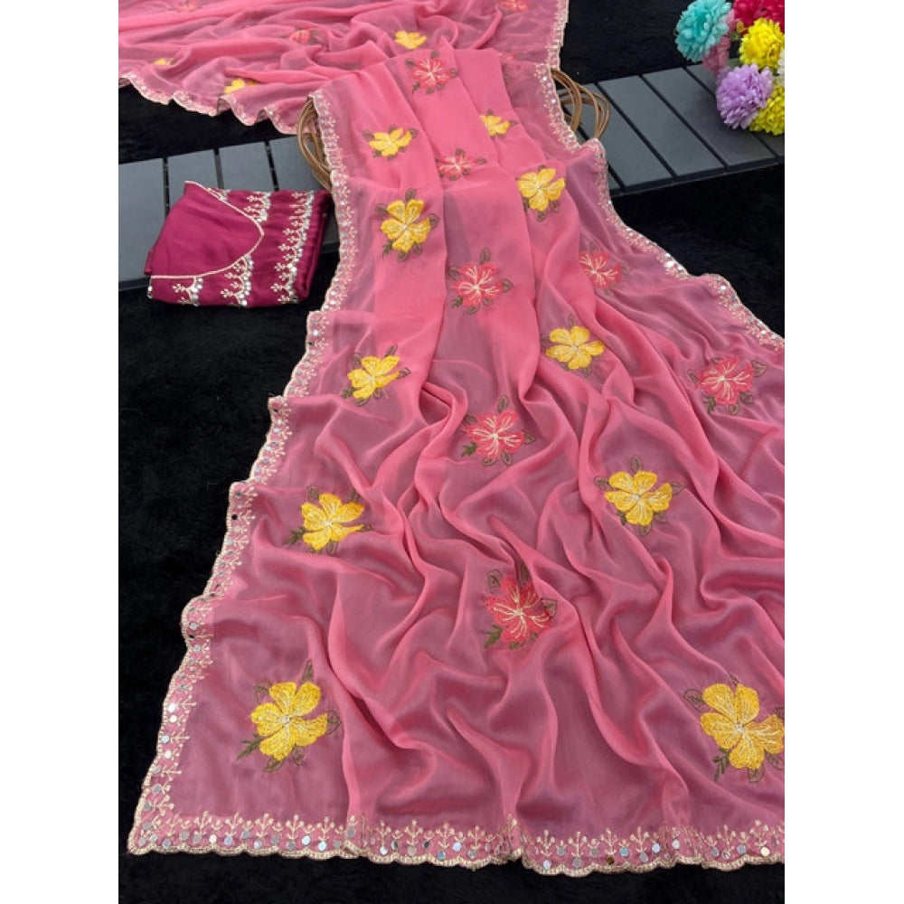 Women's Georgette Embellished Saree With Unstitched Blouse 5.5 Mtr�(Pink)