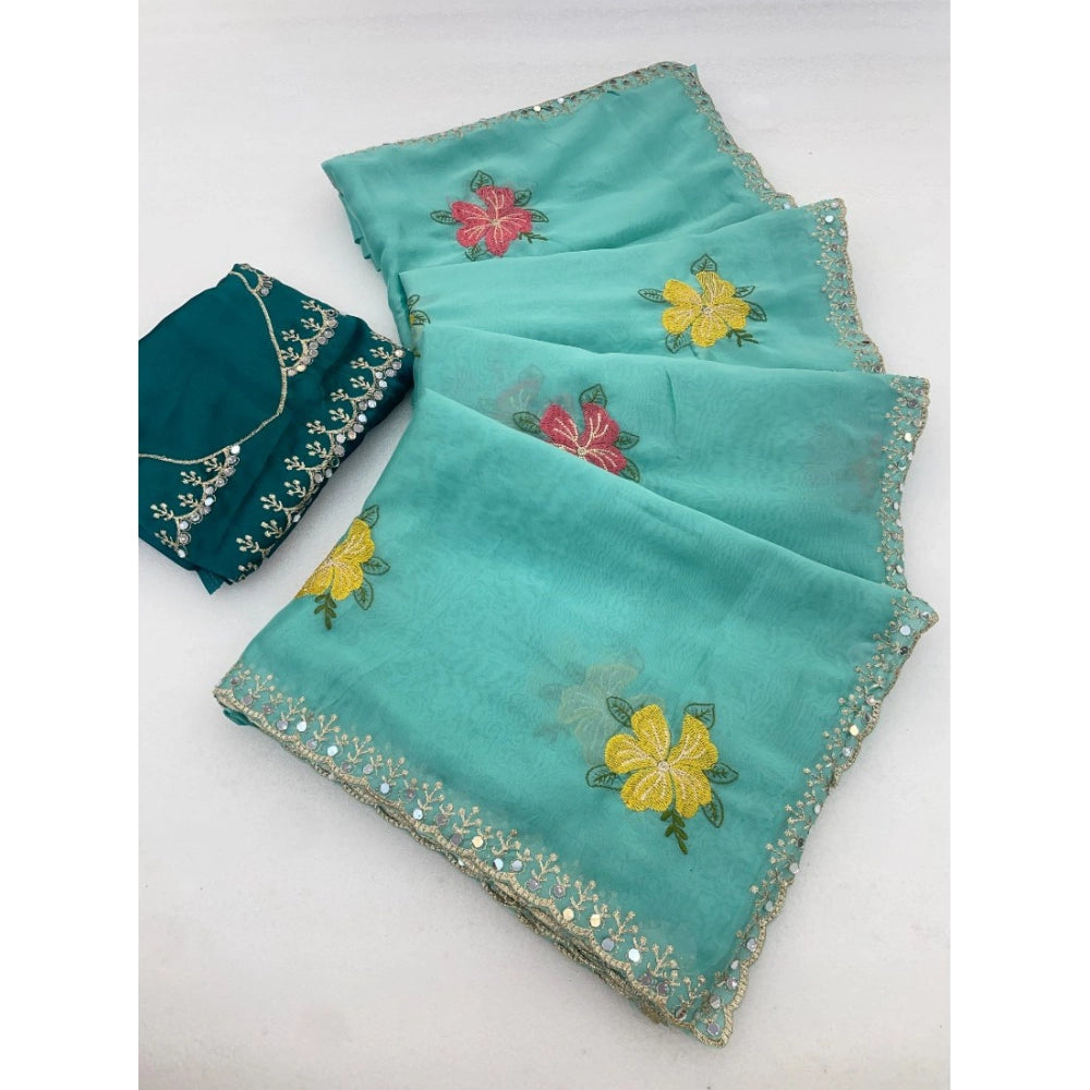 Women's Georgette Embellished Saree With Unstitched Blouse 5.5 Mtr�(Aqua Blue)