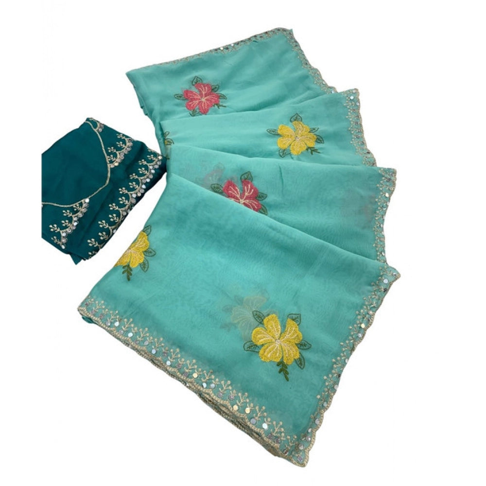 Women's Georgette Embellished Saree With Unstitched Blouse 5.5 Mtr�(Aqua Blue)