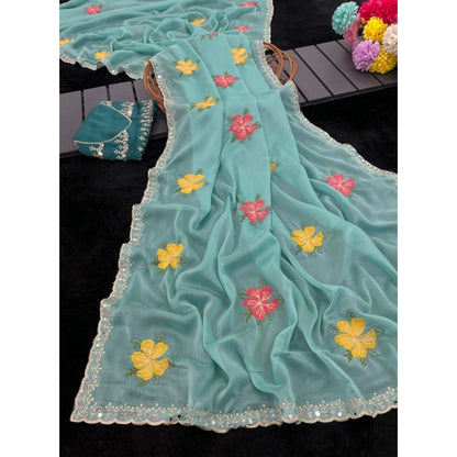 Women's Georgette Embellished Saree With Unstitched Blouse 5.5 Mtr�(Aqua Blue)