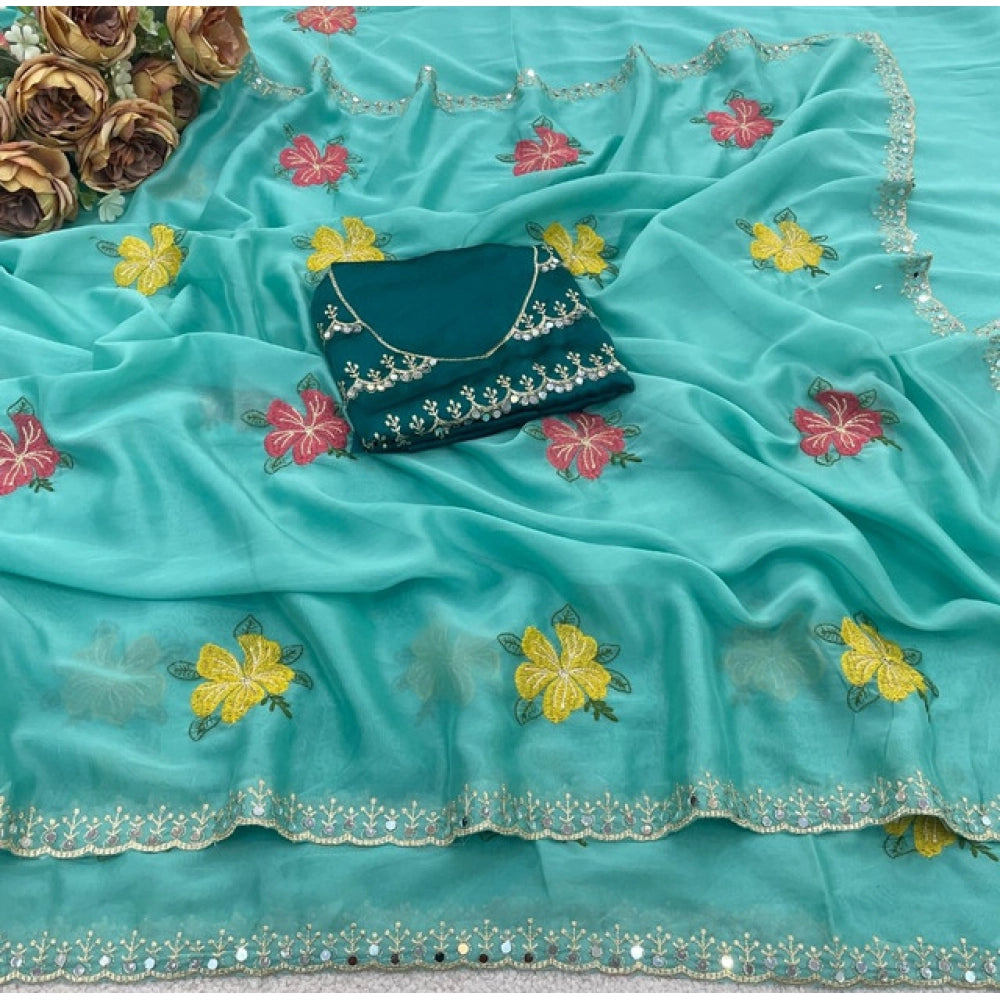 Women's Georgette Embellished Saree With Unstitched Blouse 5.5 Mtr�(Aqua Blue)