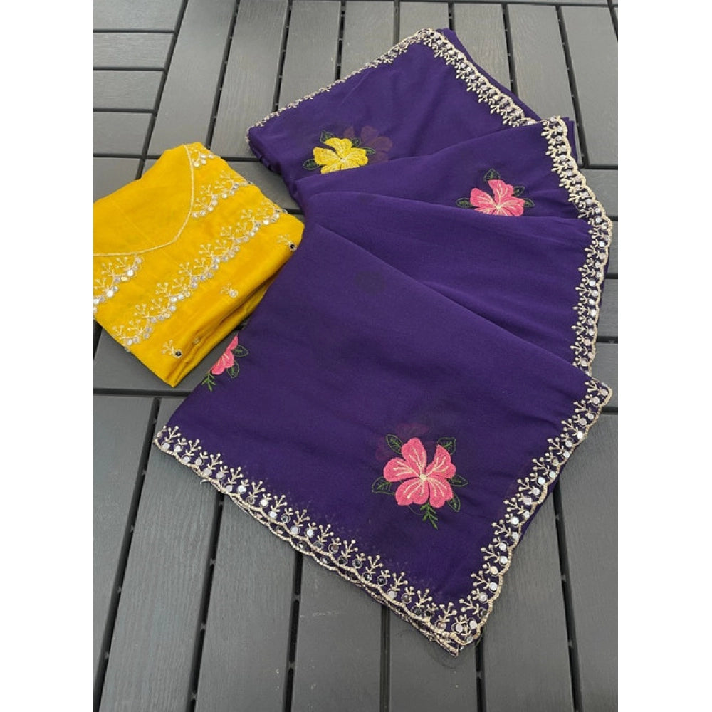 Women's Georgette Embellished Saree With Unstitched Blouse 5.5 Mtr�(Purple)