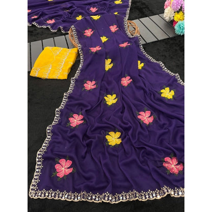 Women's Georgette Embellished Saree With Unstitched Blouse 5.5 Mtr�(Purple)