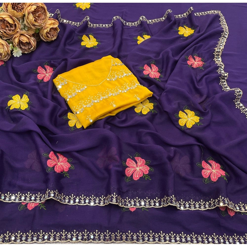 Women's Georgette Embellished Saree With Unstitched Blouse 5.5 Mtr�(Purple)