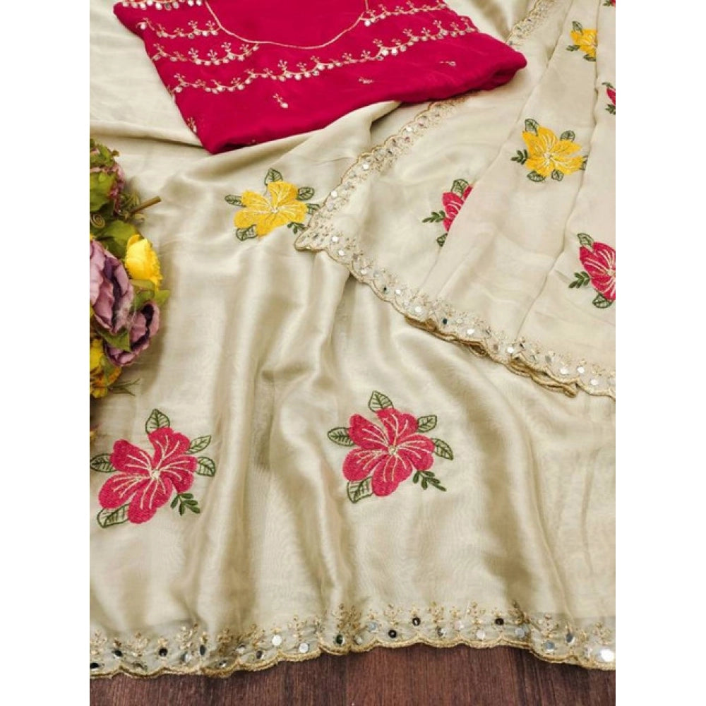 Women's Georgette Embellished Saree With Unstitched Blouse 5.5 Mtr�(Cream)