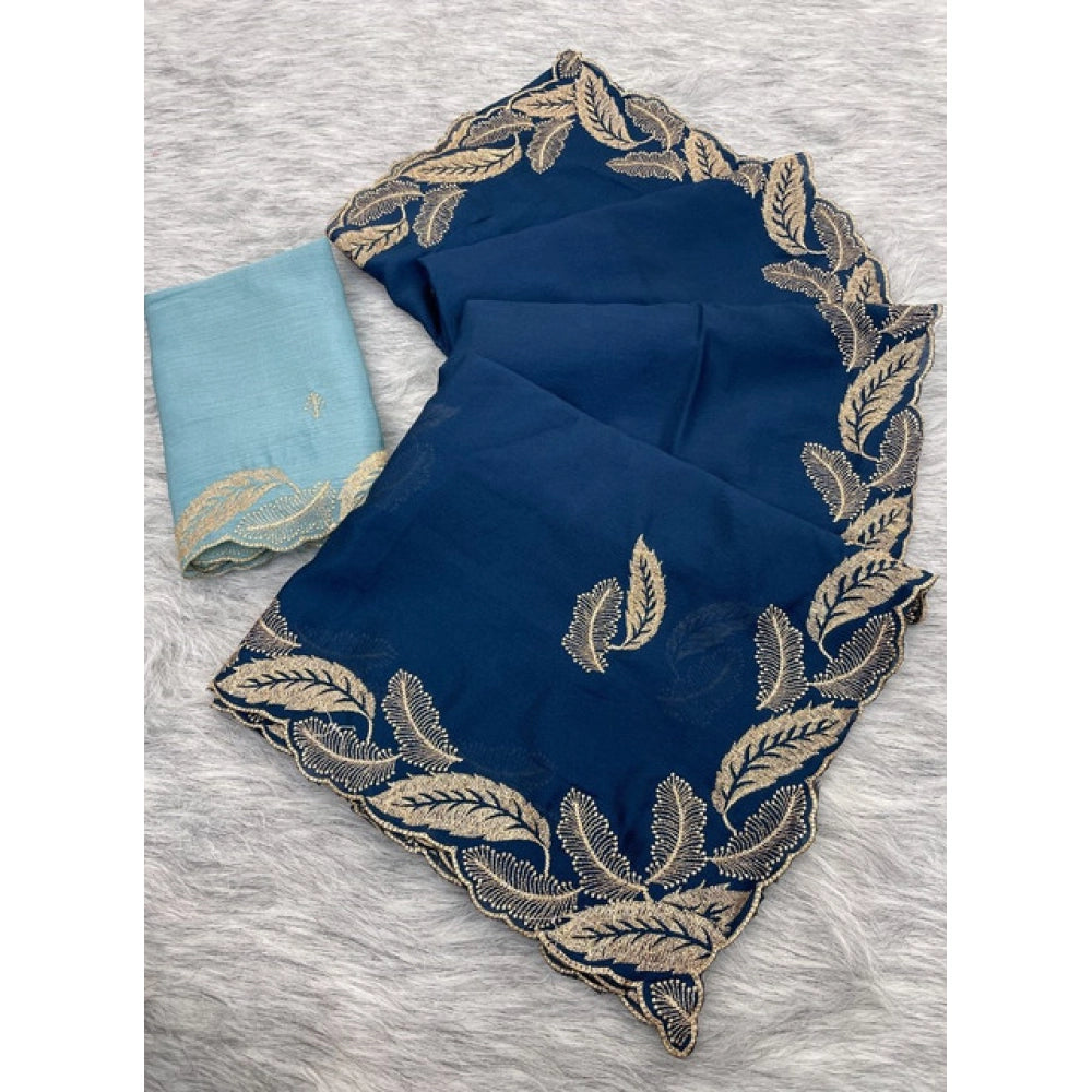 Women's Chiffon Embroidered Saree With Unstitched Blouse 5.5 Mtr�(Blue)
