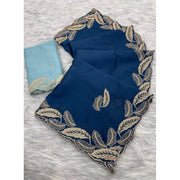 Women's Chiffon Embroidered Saree With Unstitched Blouse 5.5 Mtr�(Blue)