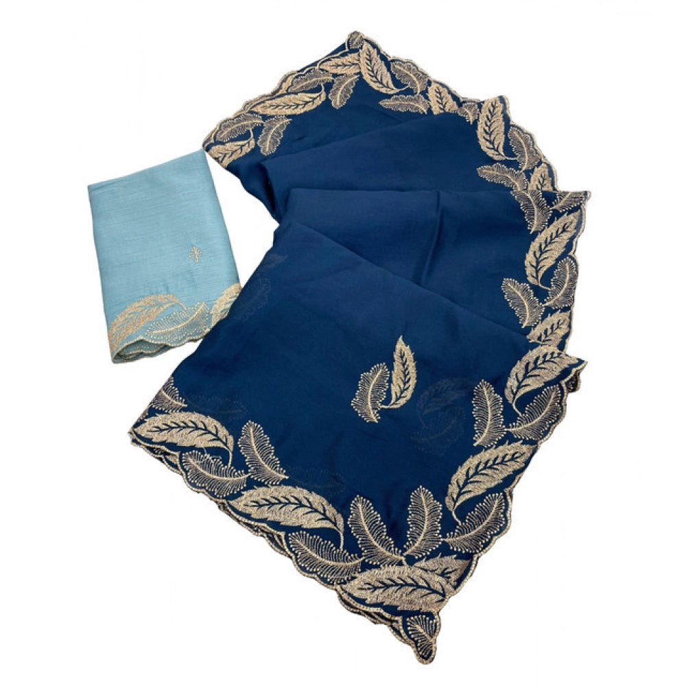 Women's Chiffon Embroidered Saree With Unstitched Blouse 5.5 Mtr�(Blue)