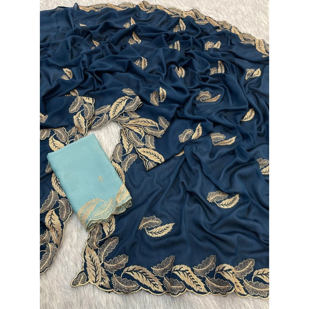 Women's Chiffon Embroidered Saree With Unstitched Blouse 5.5 Mtr�(Blue)