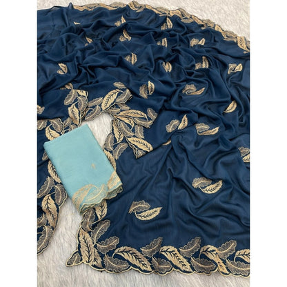 Women's Chiffon Embroidered Saree With Unstitched Blouse 5.5 Mtr�(Blue)