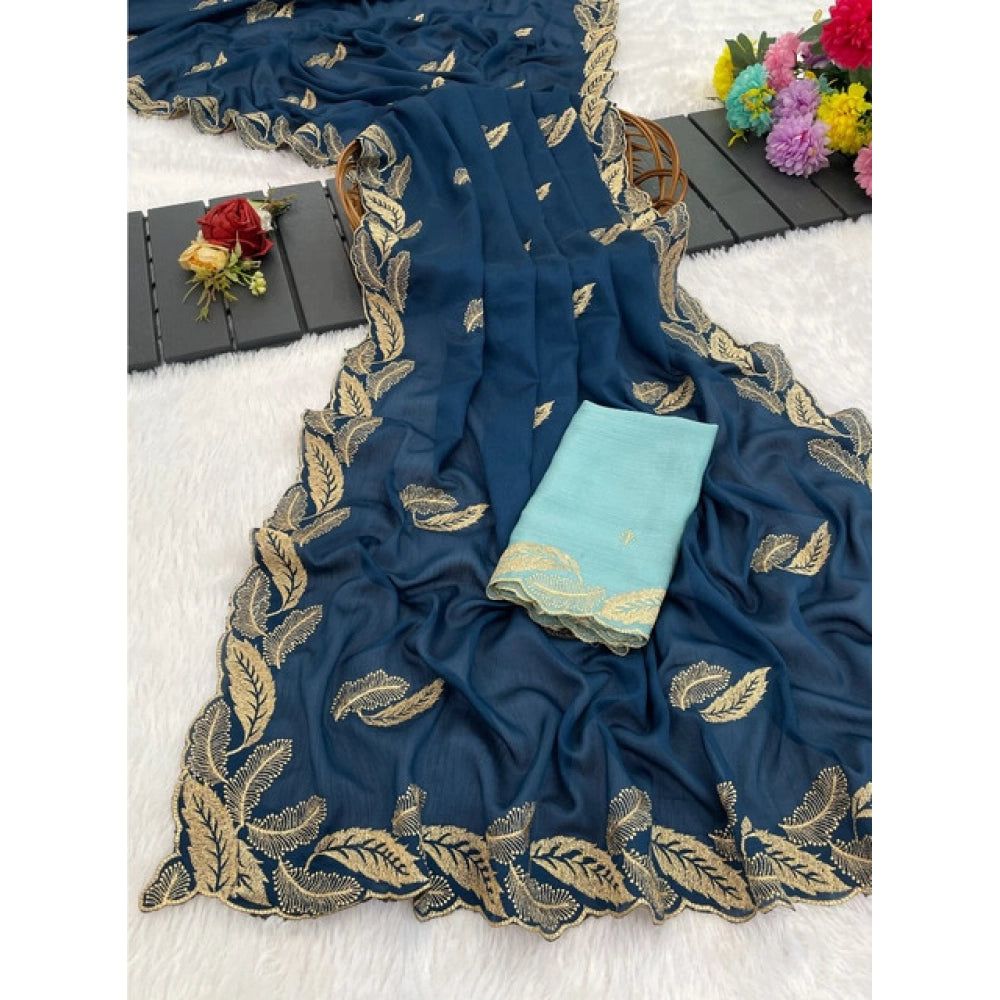 Women's Chiffon Embroidered Saree With Unstitched Blouse 5.5 Mtr�(Blue)
