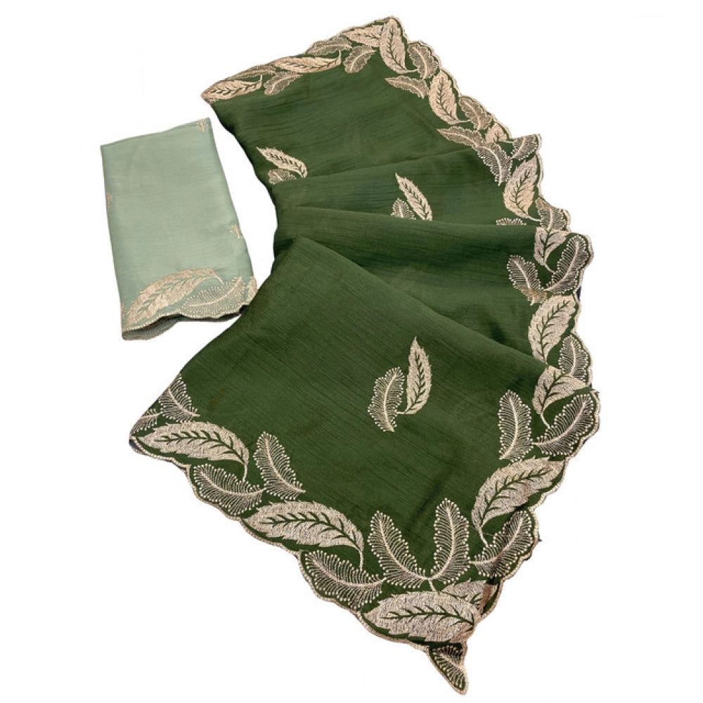 Women's Chiffon Embroidered Saree With Unstitched Blouse 5.5 Mtr�(Green)