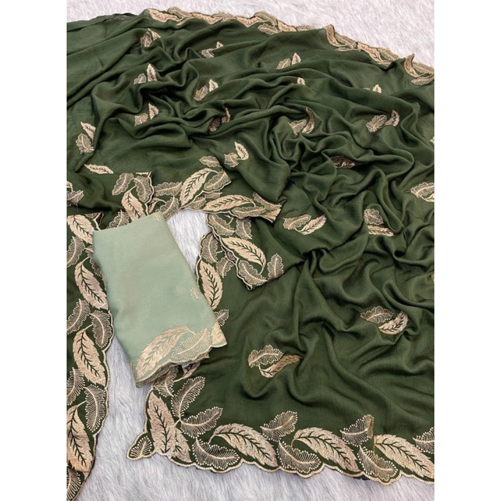 Women's Chiffon Embroidered Saree With Unstitched Blouse 5.5 Mtr�(Green)