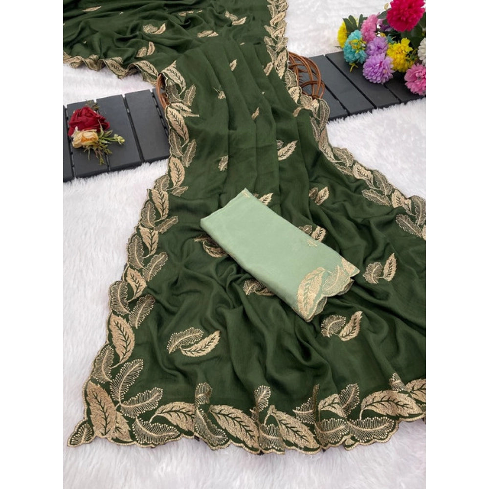 Women's Chiffon Embroidered Saree With Unstitched Blouse 5.5 Mtr�(Green)