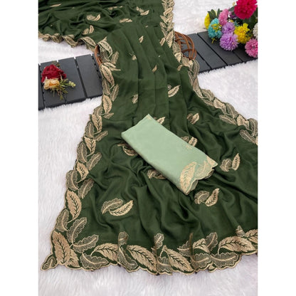Women's Chiffon Embroidered Saree With Unstitched Blouse 5.5 Mtr�(Green)