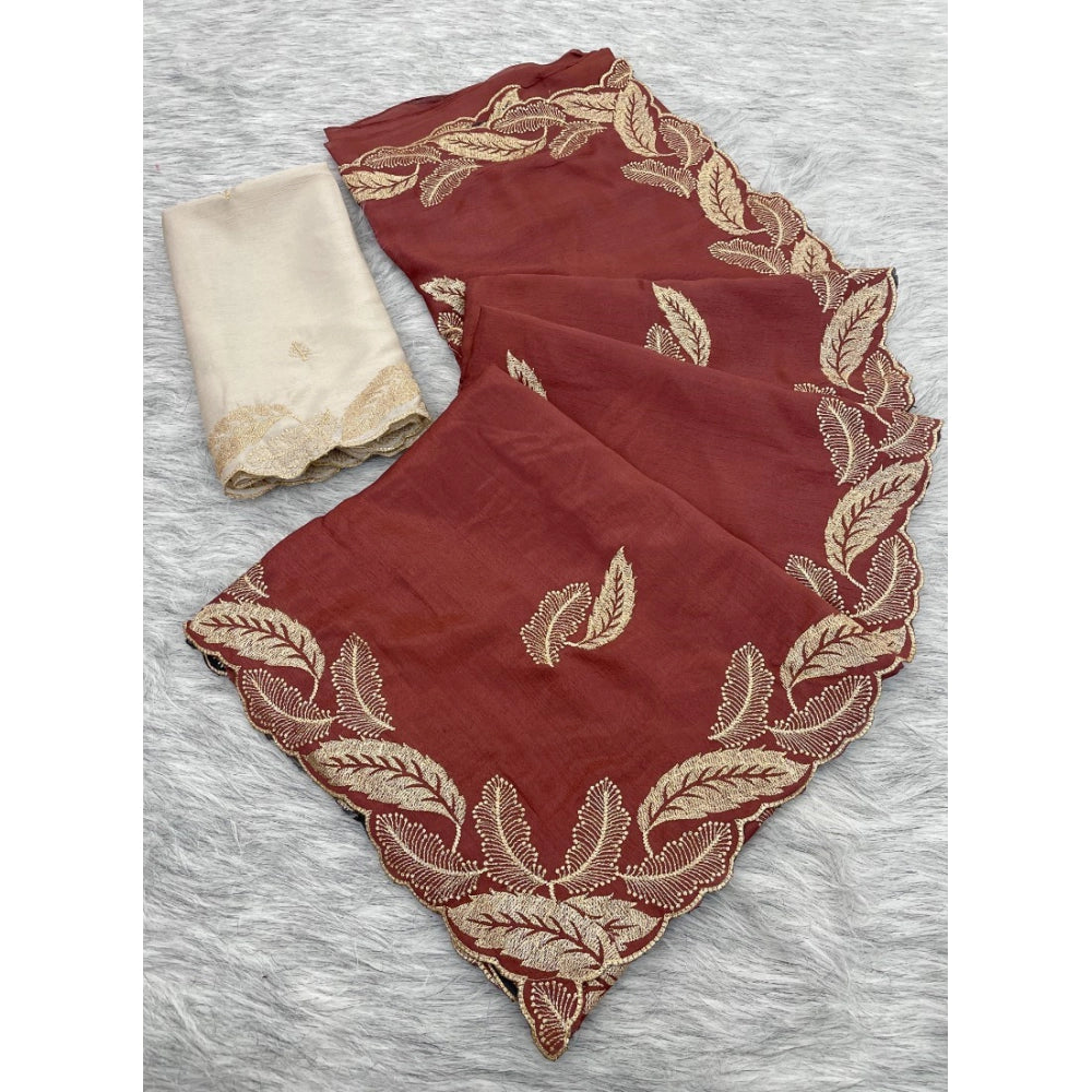 Women's Chiffon Embroidered Saree With Unstitched Blouse 5.5 Mtr�(Maroon)