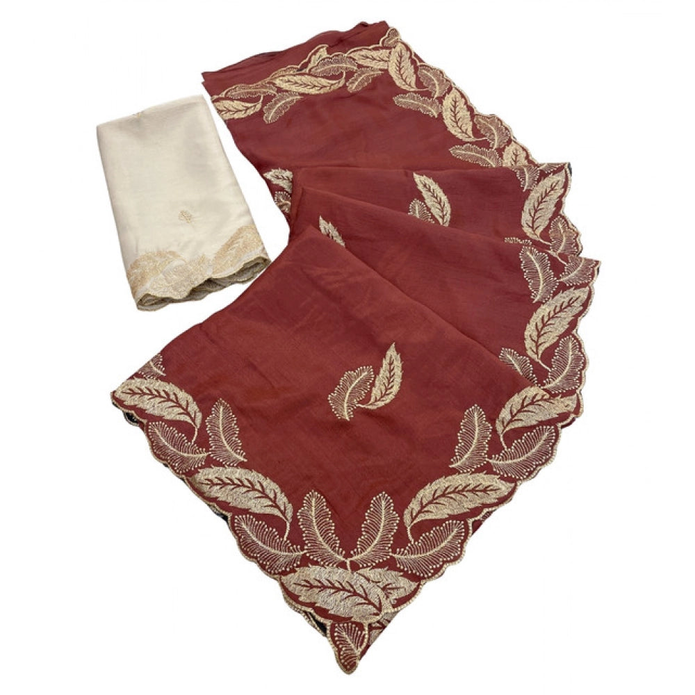 Women's Chiffon Embroidered Saree With Unstitched Blouse 5.5 Mtr�(Maroon)