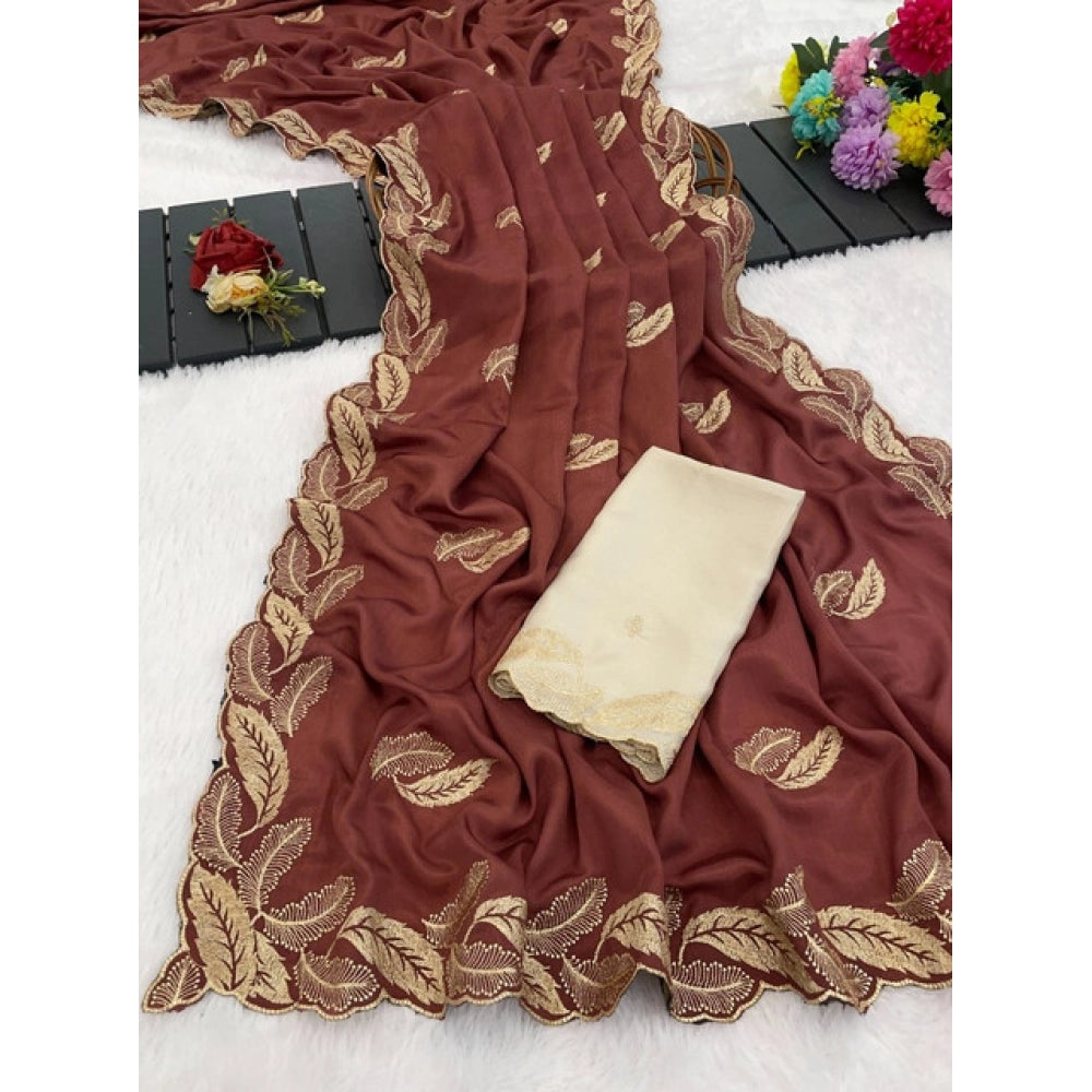 Women's Chiffon Embroidered Saree With Unstitched Blouse 5.5 Mtr�(Maroon)