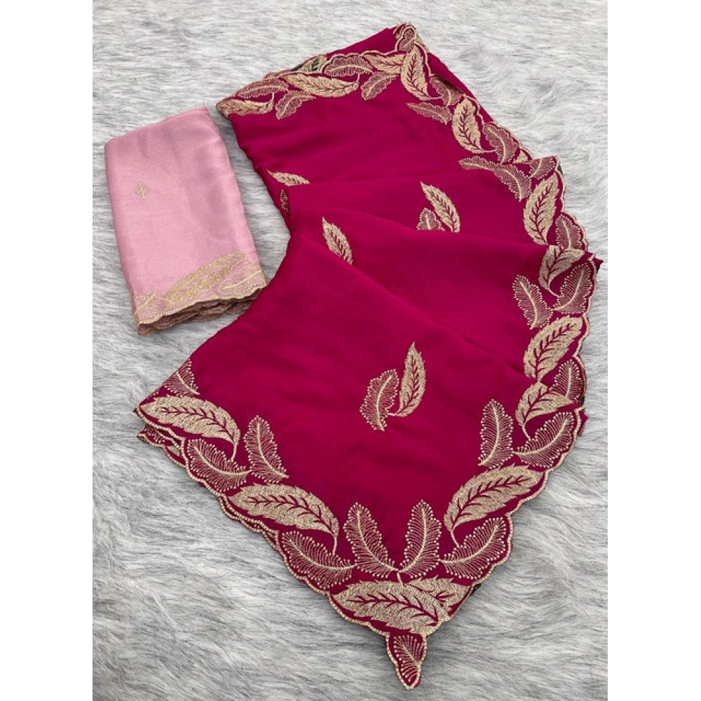 Women's Chiffon Embroidered Saree With Unstitched Blouse 5.5 Mtr�(Pink)