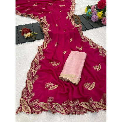 Women's Chiffon Embroidered Saree With Unstitched Blouse 5.5 Mtr�(Pink)