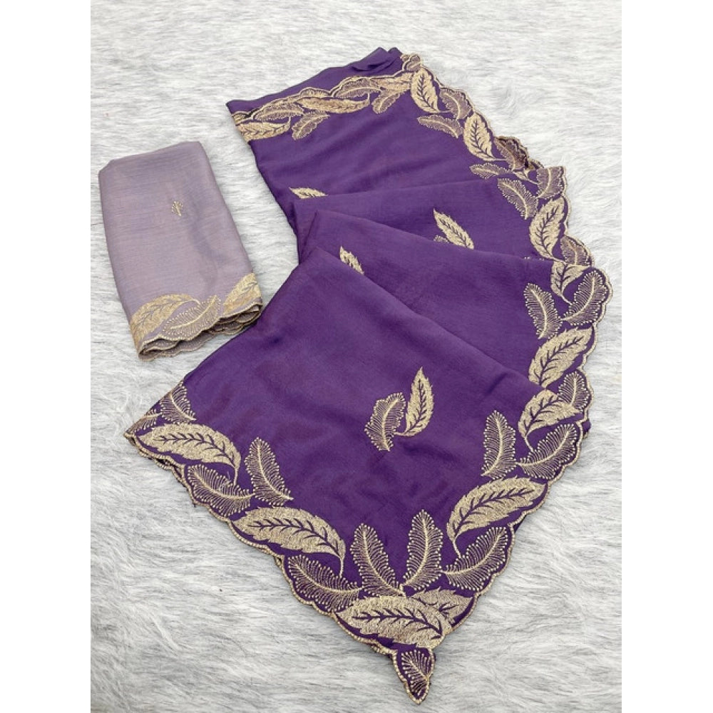 Women's Chiffon Embroidered Saree With Unstitched Blouse 5.5 Mtr�(Purple)
