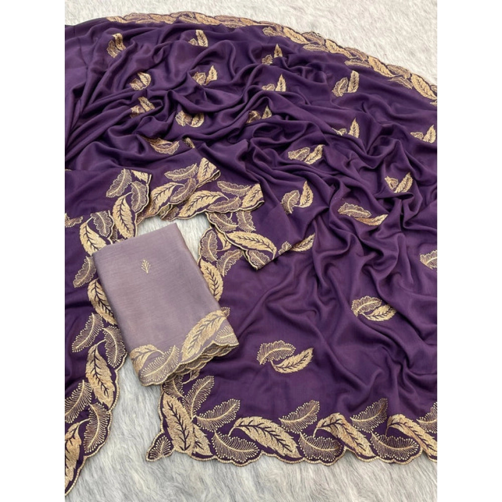 Women's Chiffon Embroidered Saree With Unstitched Blouse 5.5 Mtr�(Purple)