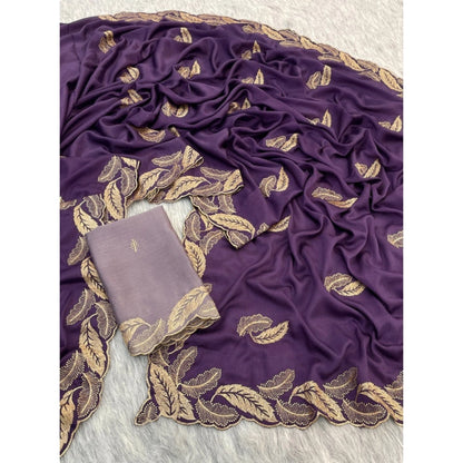 Women's Chiffon Embroidered Saree With Unstitched Blouse 5.5 Mtr�(Purple)