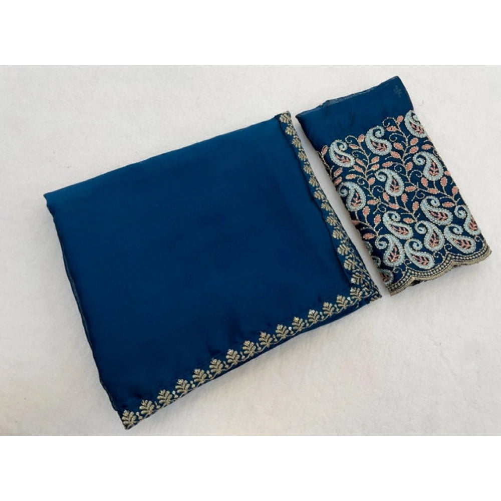 Women's Chiffon Embroidered Saree With Unstitched Blouse 5.5 Mtr�(Teal)