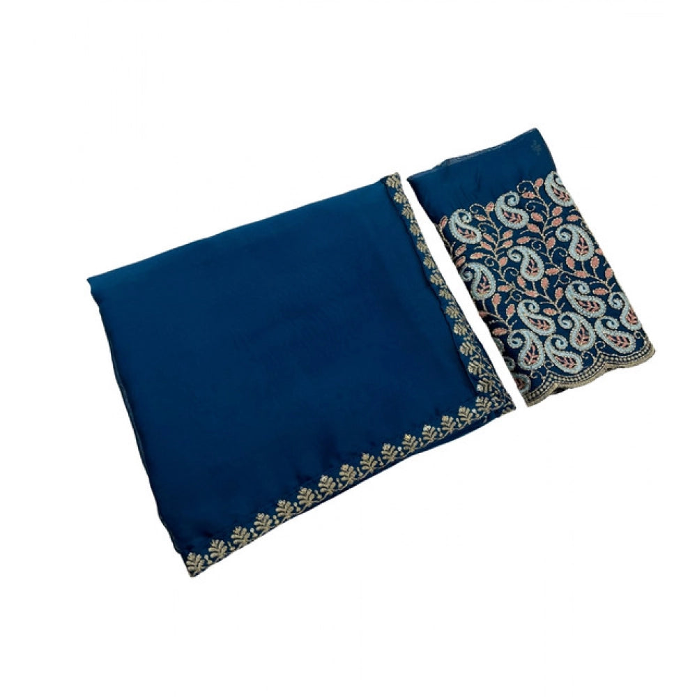 Women's Chiffon Embroidered Saree With Unstitched Blouse 5.5 Mtr�(Teal)