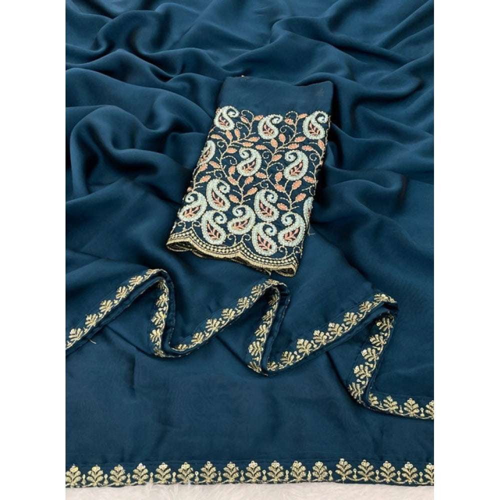 Women's Chiffon Embroidered Saree With Unstitched Blouse 5.5 Mtr�(Teal)