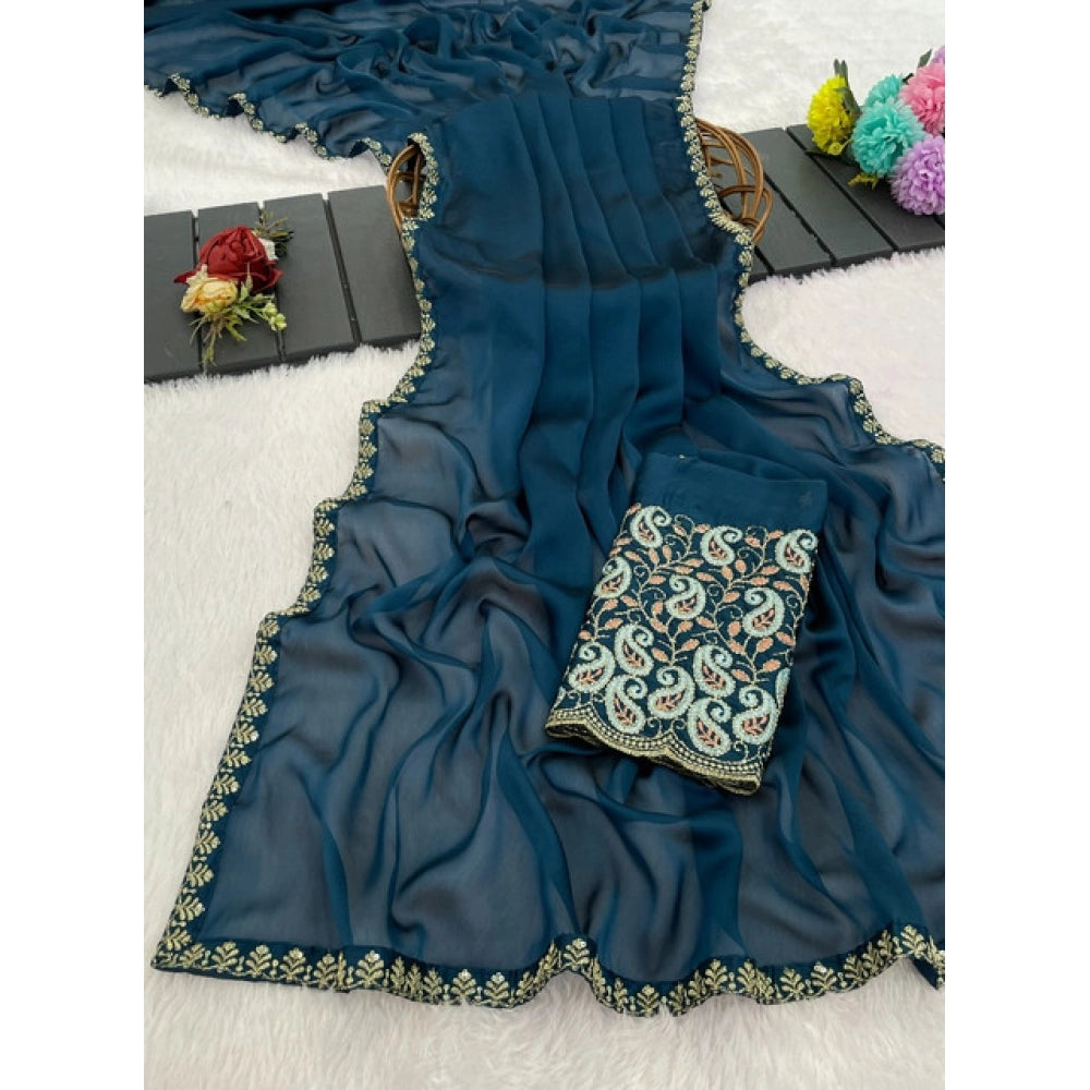Women's Chiffon Embroidered Saree With Unstitched Blouse 5.5 Mtr�(Teal)