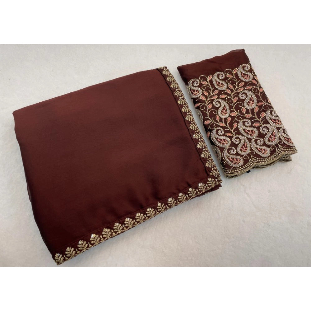 Women's Chiffon Embroidered Saree With Unstitched Blouse 5.5 Mtr�(Brown)