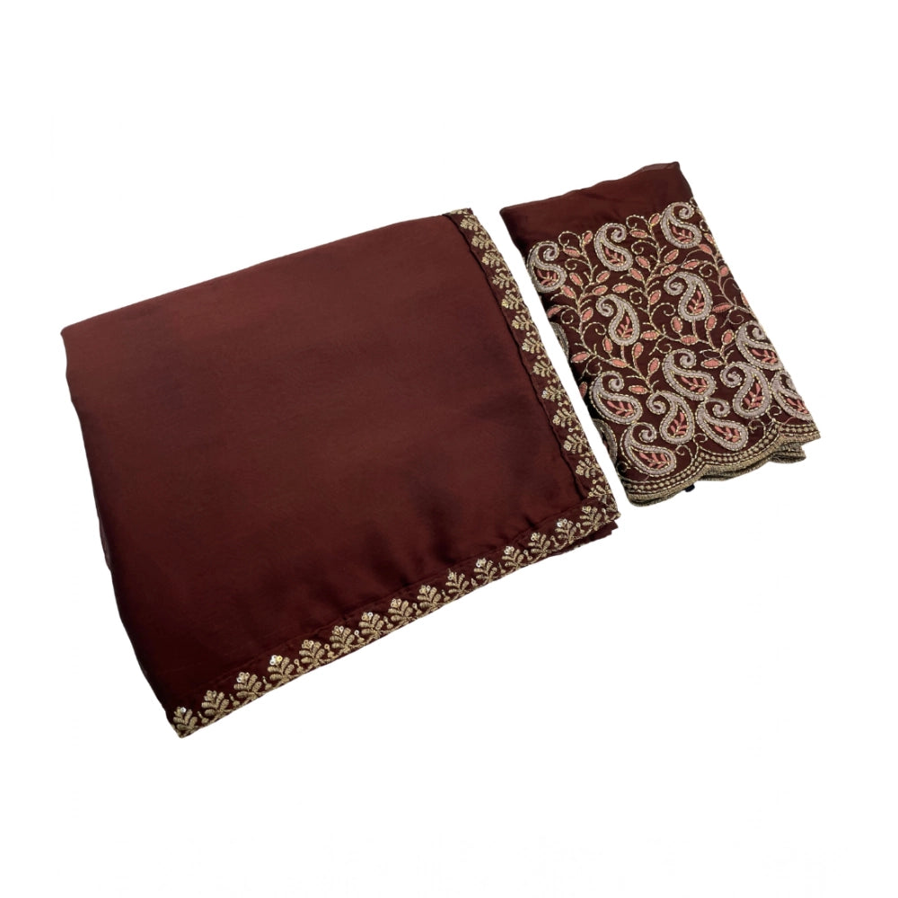 Women's Chiffon Embroidered Saree With Unstitched Blouse 5.5 Mtr�(Brown)