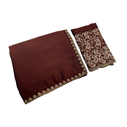 Women's Chiffon Embroidered Saree With Unstitched Blouse 5.5 Mtr�(Brown)