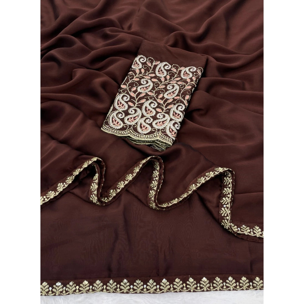 Women's Chiffon Embroidered Saree With Unstitched Blouse 5.5 Mtr�(Brown)