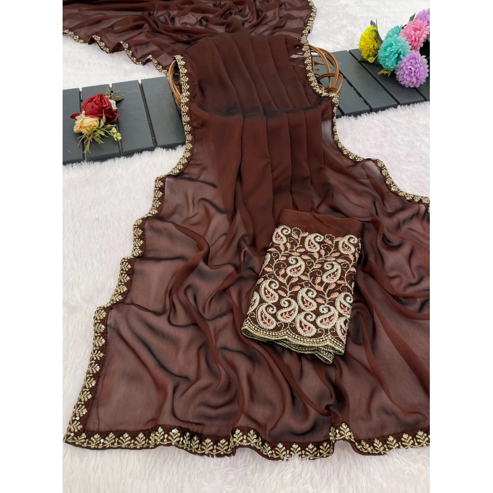 Women's Chiffon Embroidered Saree With Unstitched Blouse 5.5 Mtr�(Brown)